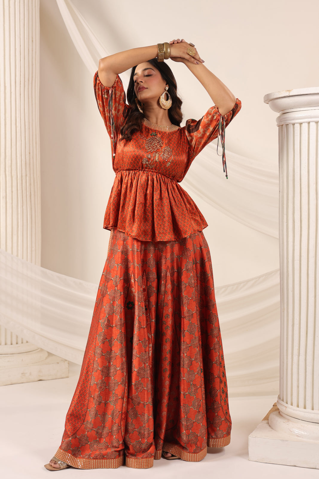 Rustic Orange Festive Peplum Set With Wide Flared Palazzo Pant
