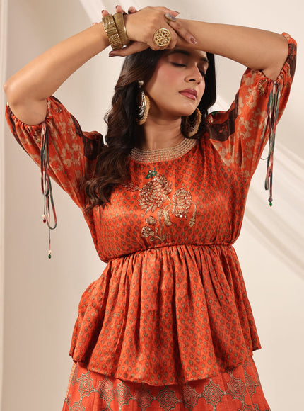 Rustic Orange Festive Peplum Set With Wide Flared Palazzo Pant