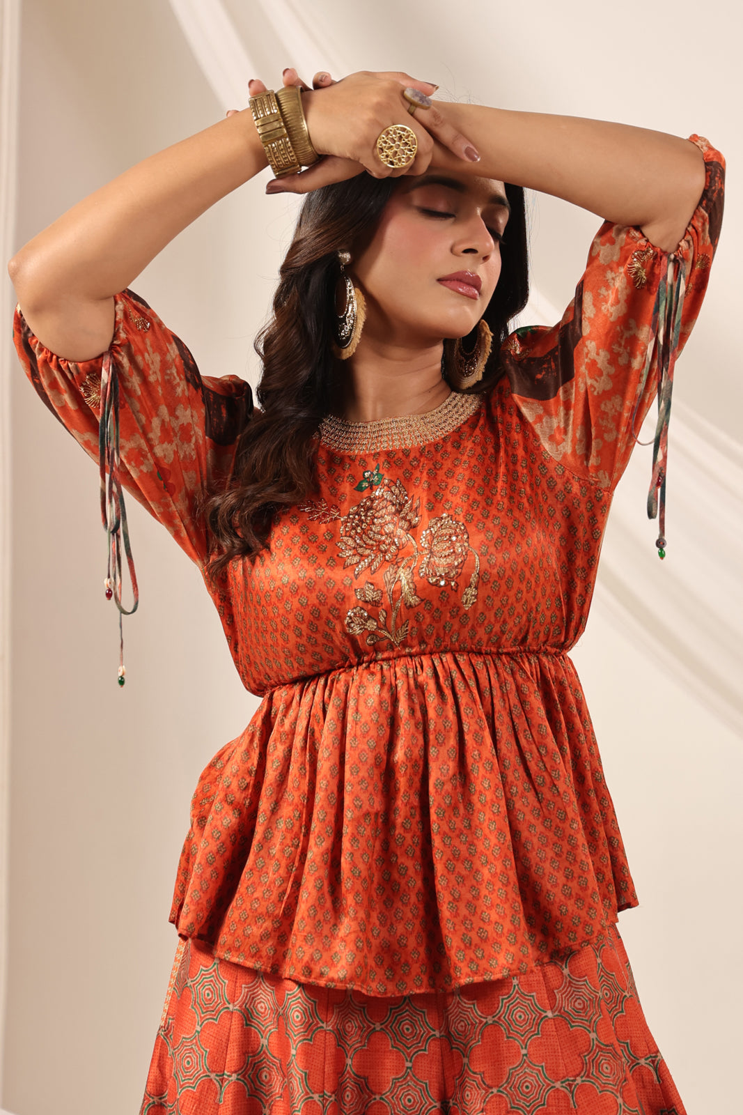 Rustic Orange Festive Peplum Set With Wide Flared Palazzo Pant