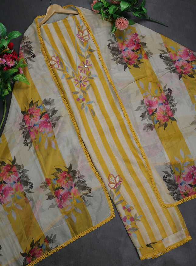 Cream - Mustard Yellow Mul Chanderi Unstitched Suit