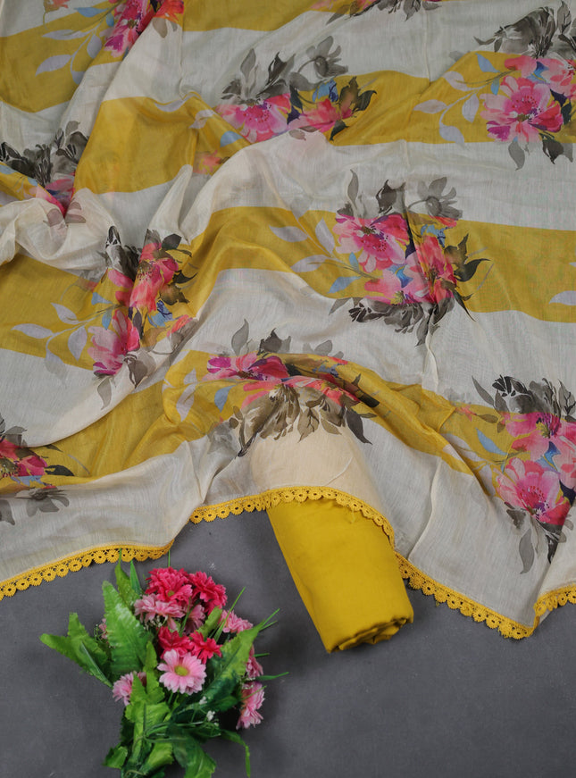 Cream - Mustard Yellow Mul Chanderi Unstitched Suit