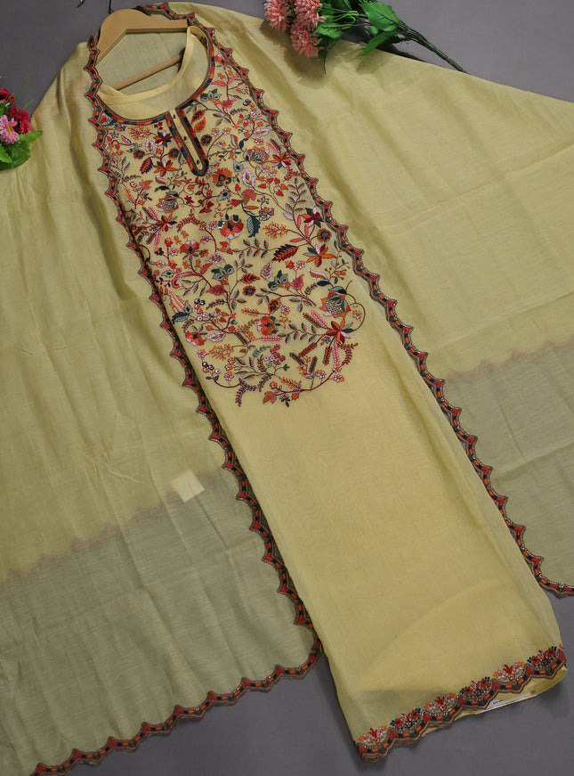 Pale Yellow Mul Chanderi Semi Stitched Suit