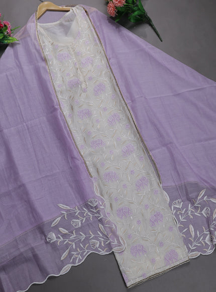 Off White -Lavender Mul Chanderi Semi Stitched Suit