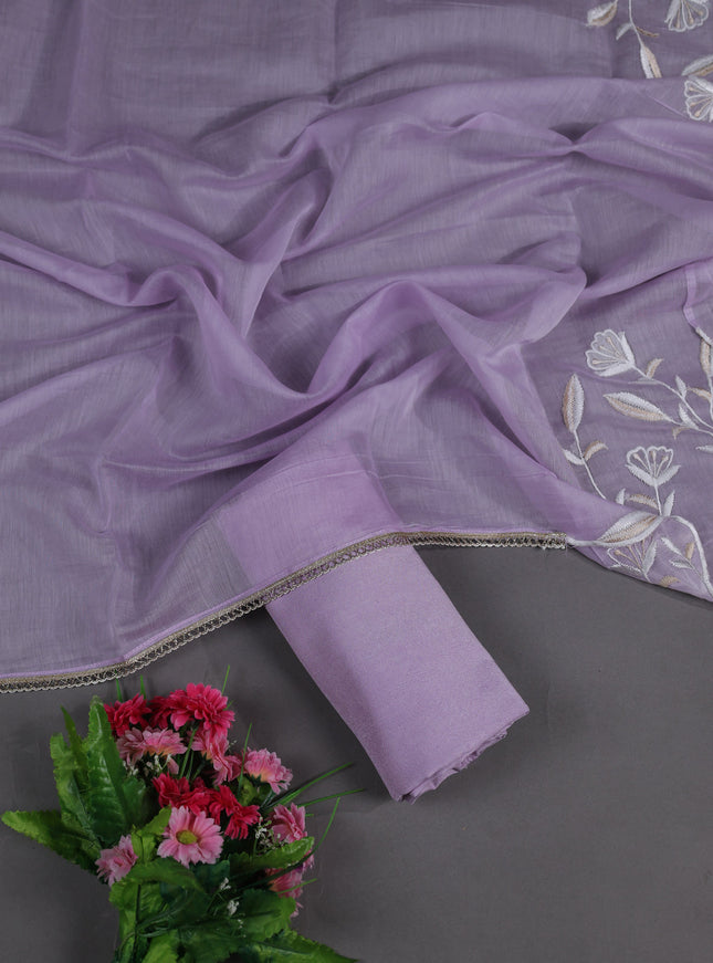 Off White -Lavender Mul Chanderi Semi Stitched Suit