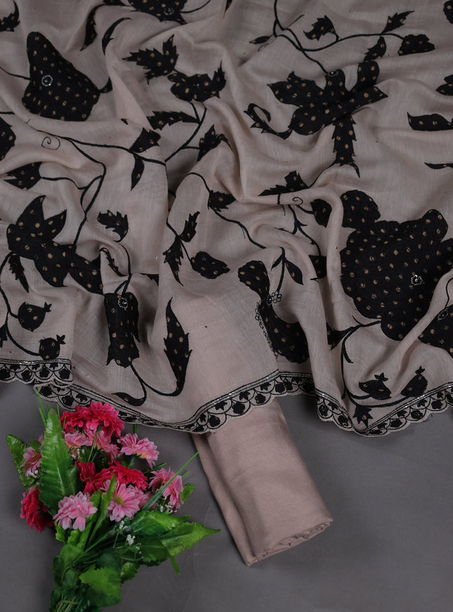 Beige Mul Chanderi Semi Stitched Suit