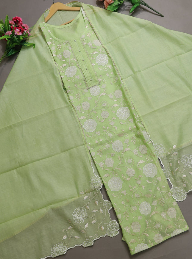 Pista Green Mul Chanderi Semi Stitched Suit