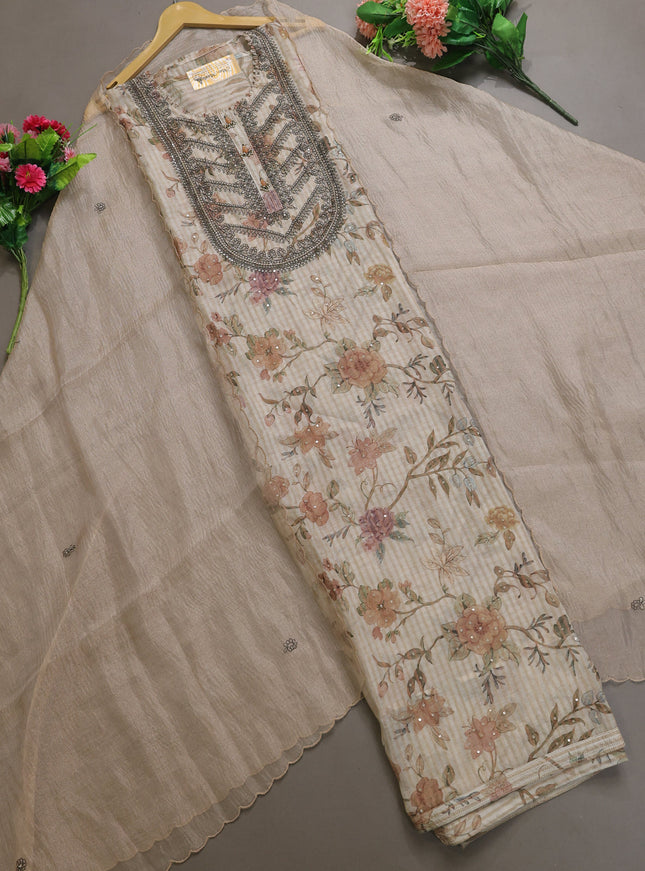 Beige Mul Chanderi Semi Stitched Suit