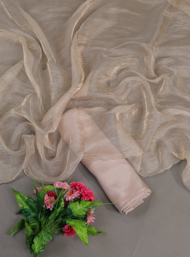 Beige Mul Chanderi Semi Stitched Suit