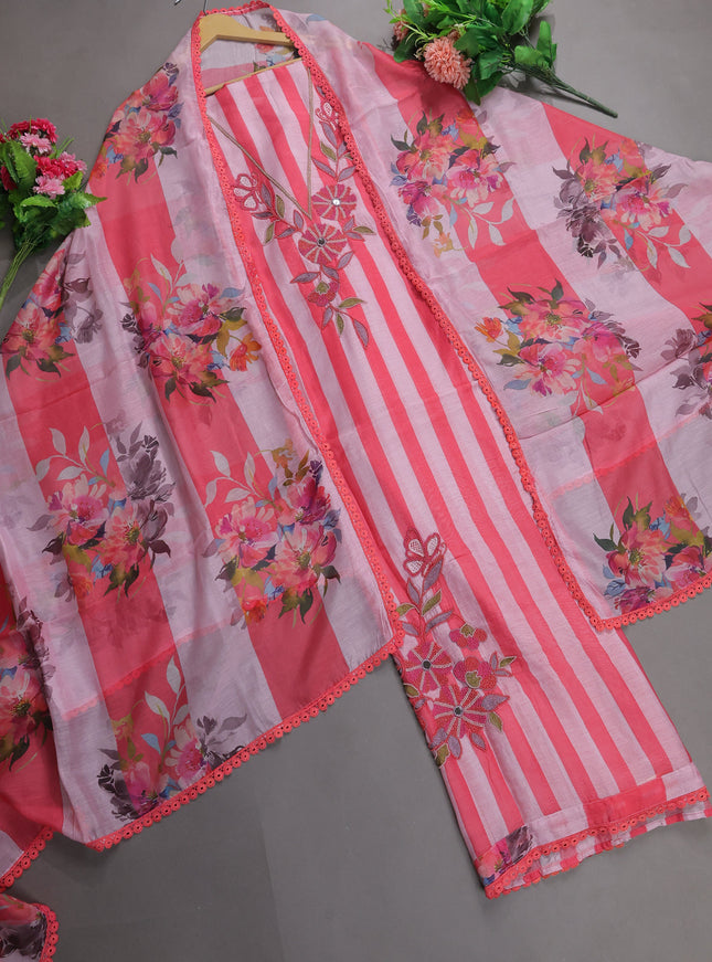 Baby Pink - Dark Peach Mul Chanderi Unstitched Suit