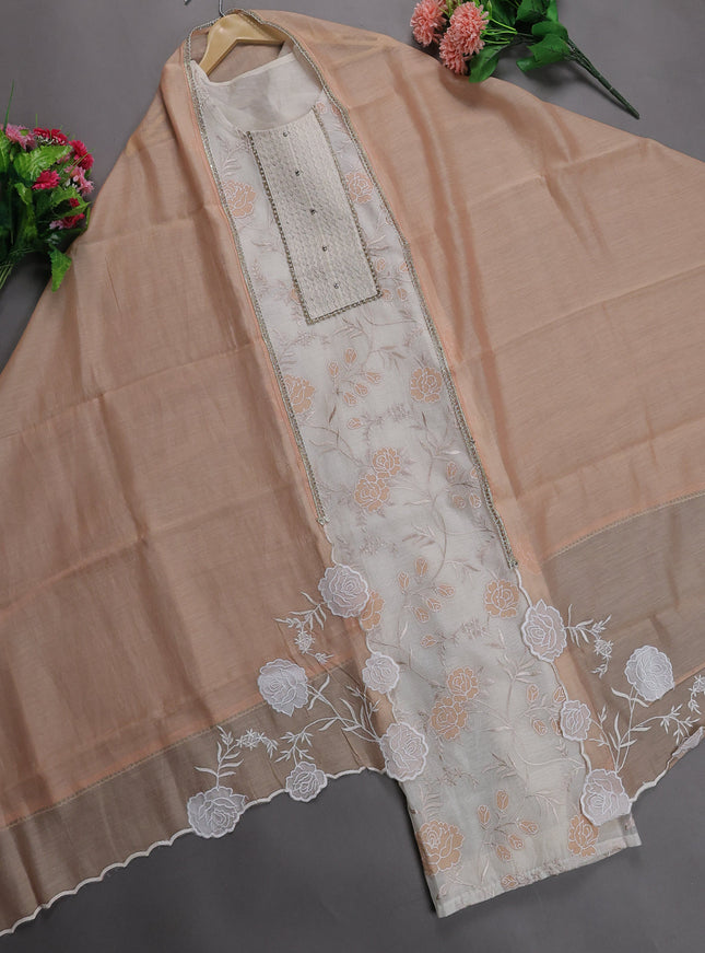 Cream - Pale Orange Mul Chanderi Unstitched Suit