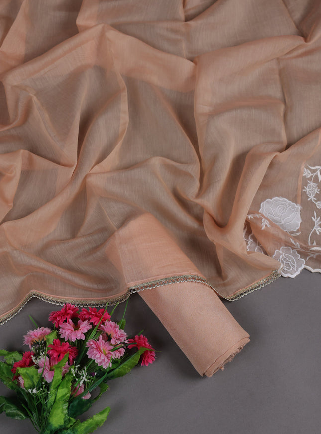 Cream - Pale Orange Mul Chanderi Unstitched Suit