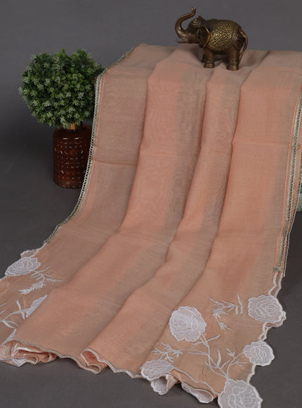 Cream - Pale Orange Mul Chanderi Unstitched Suit