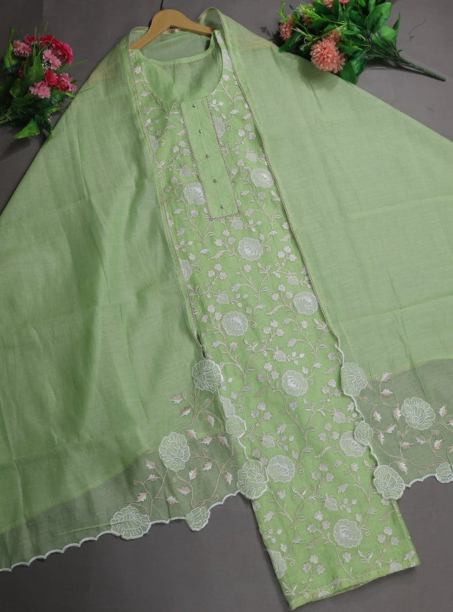 Pista Green Mul Chanderi Semi Stitched Suit