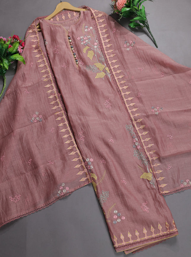 Pastel Peach Mul Chanderi Semi Stitched Suit