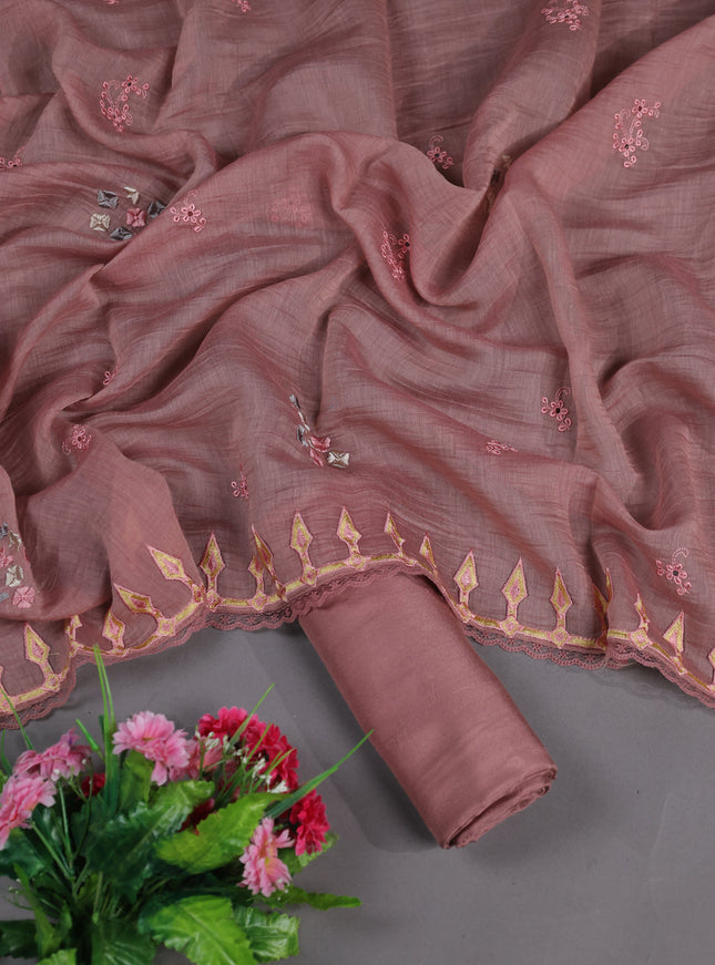 Pastel Peach Mul Chanderi Semi Stitched Suit