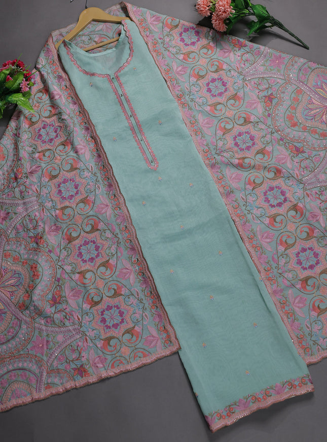 Teal Mul Chanderi Semi Stitched Suit