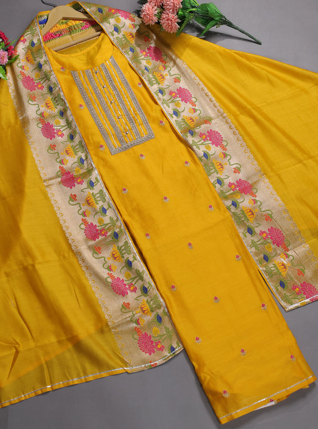 Mango Yellow Mul Chanderi Stitched Suit