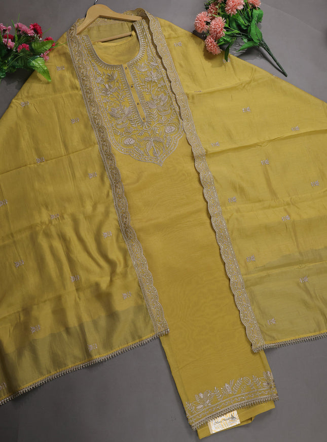 Lime Yellow Mul Chanderi Semi Stitched Suit