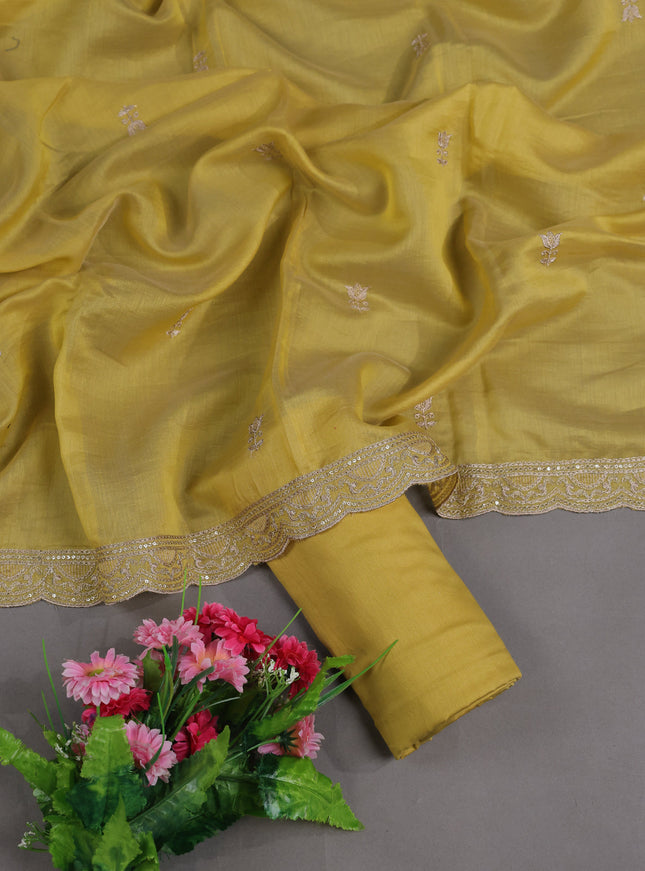 Lime Yellow Mul Chanderi Semi Stitched Suit