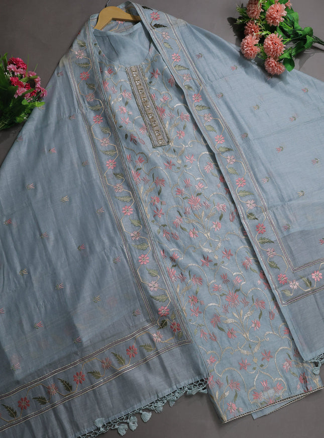 Pastel Blue Mul Chanderi Semi Stitched Suit