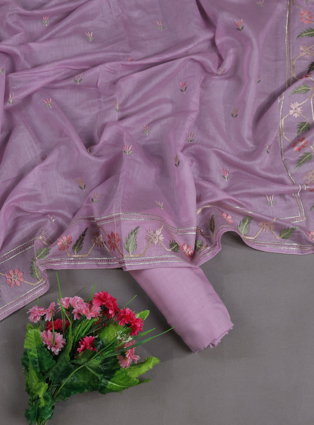 Lavender Mul Chanderi Semi Stitched Suit