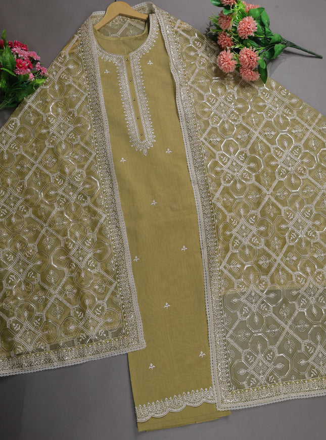 Elaichi Green Mul Chanderi Semi Stitched Suit