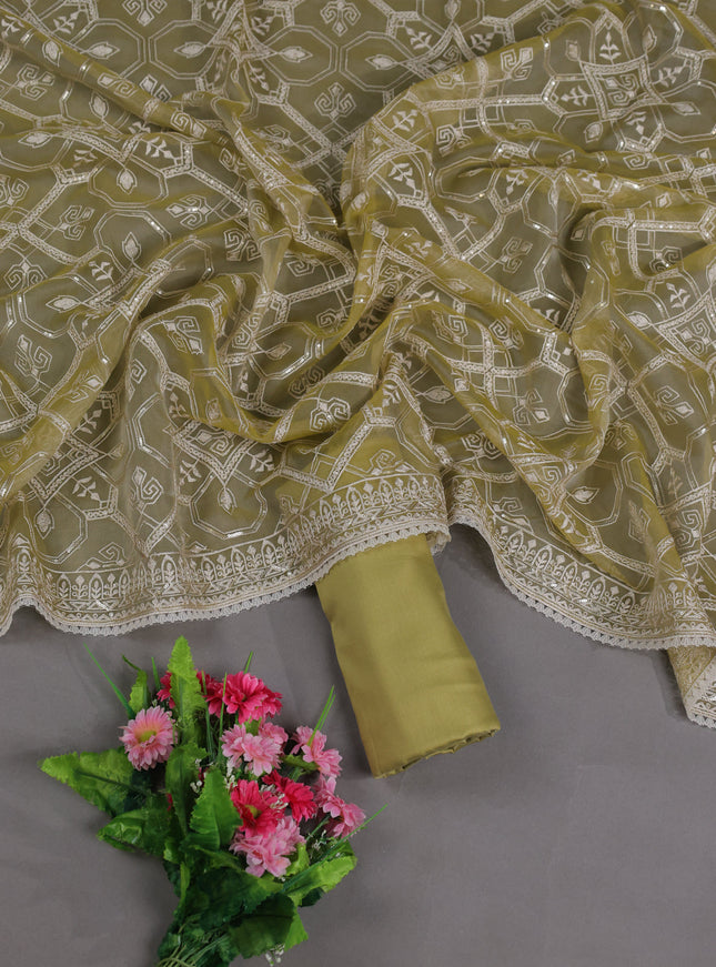 Elaichi Green Mul Chanderi Semi Stitched Suit