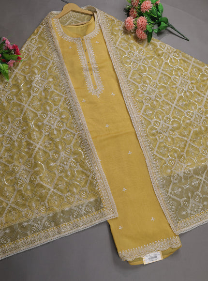 Lime Yellow Mul Chanderi Semi Stitched Suit