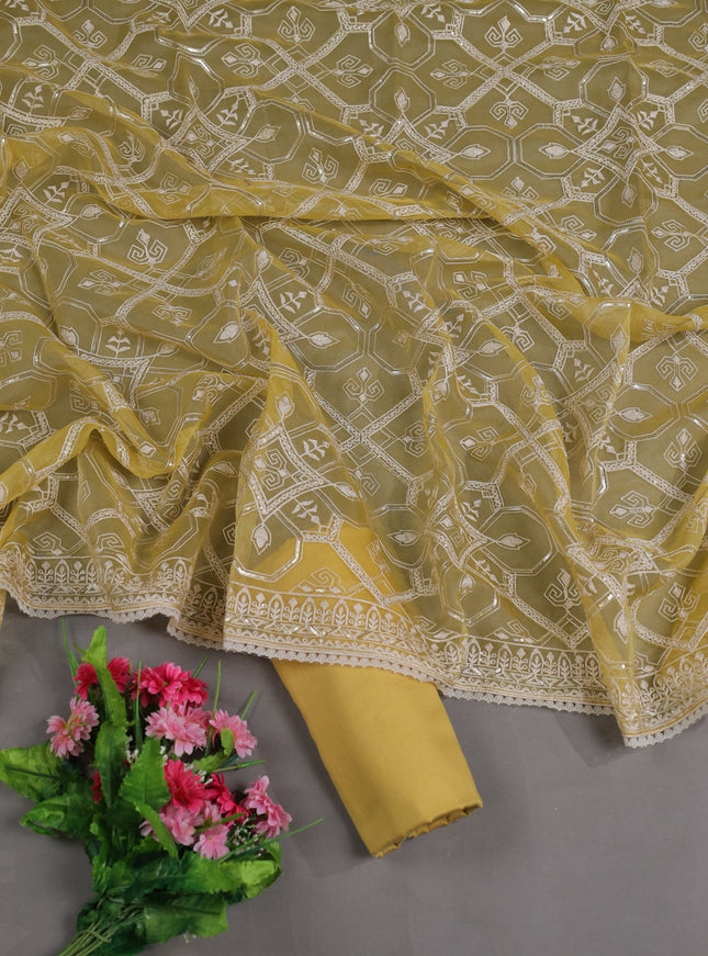 Lime Yellow Mul Chanderi Semi Stitched Suit
