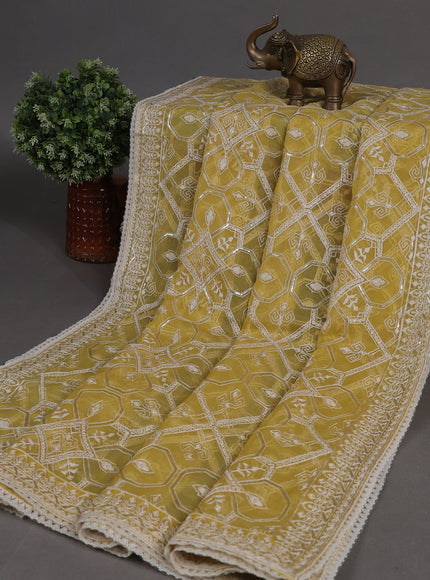 Lime Yellow Mul Chanderi Semi Stitched Suit