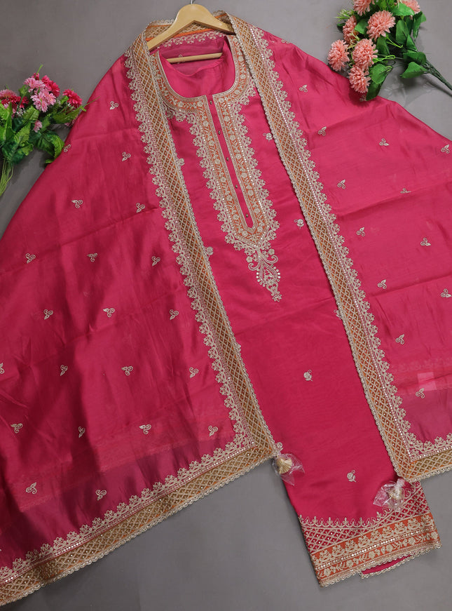Pink Mul Chanderi Semi Stitched Suit