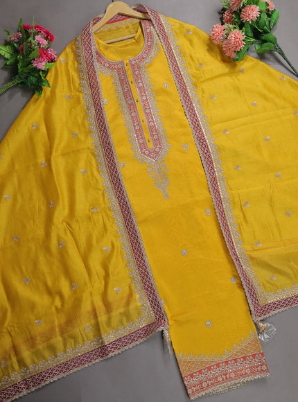 Yellow Mul Chanderi Semi Stitched Suit