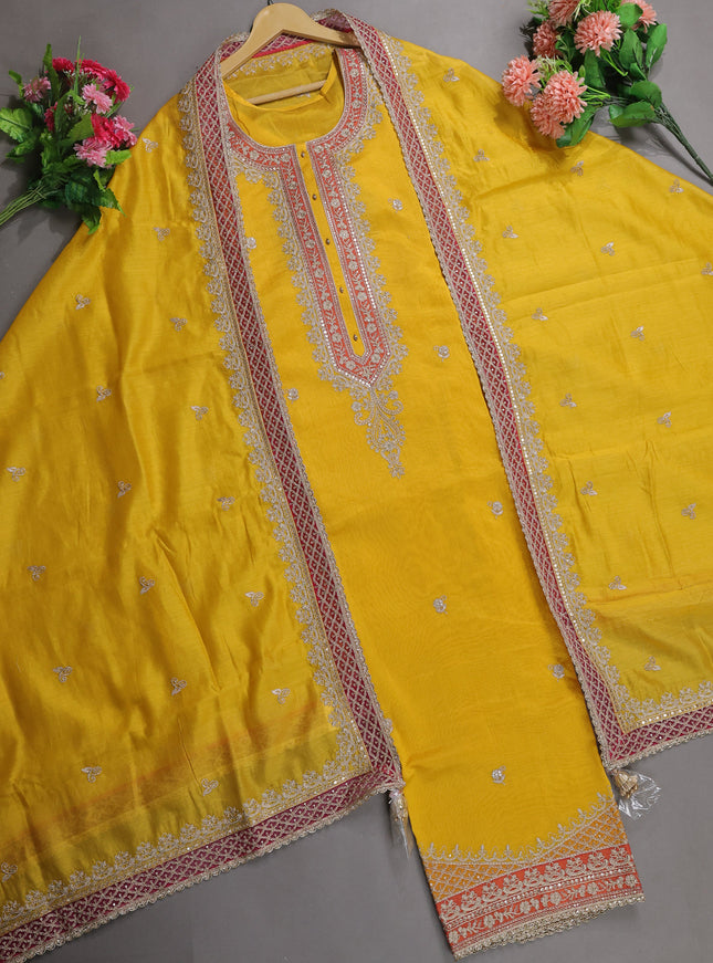 Yellow Mul Chanderi Semi Stitched Suit