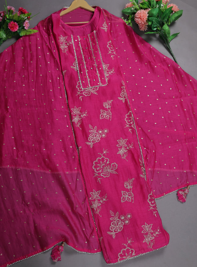 Pink Mul Chanderi Semi Stitched Suit