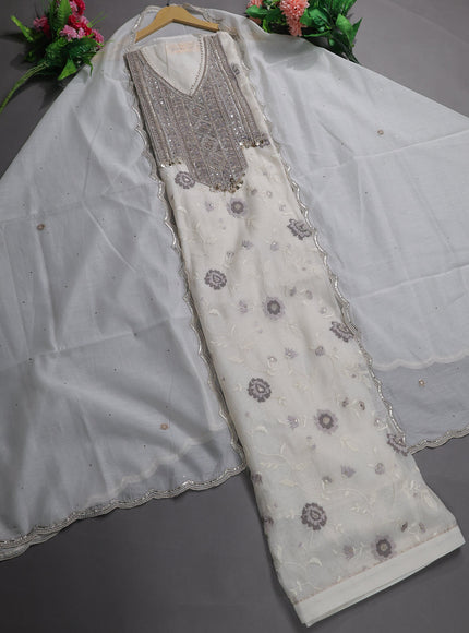 Cream Mul Chanderi Semi Stitched Suit