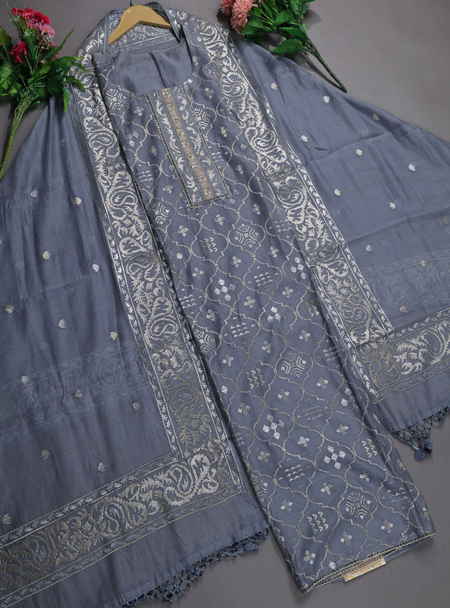 Grey Mul Chanderi Semi Stitched Suit