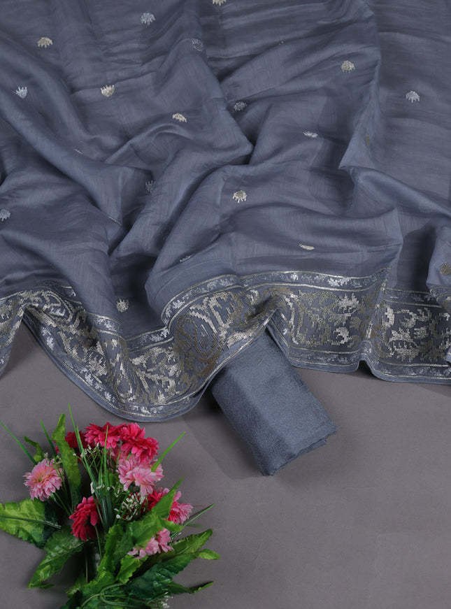 Grey Mul Chanderi Semi Stitched Suit