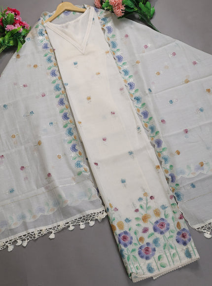 Cream - Teal Mul Chanderi Semi Stitched Suit