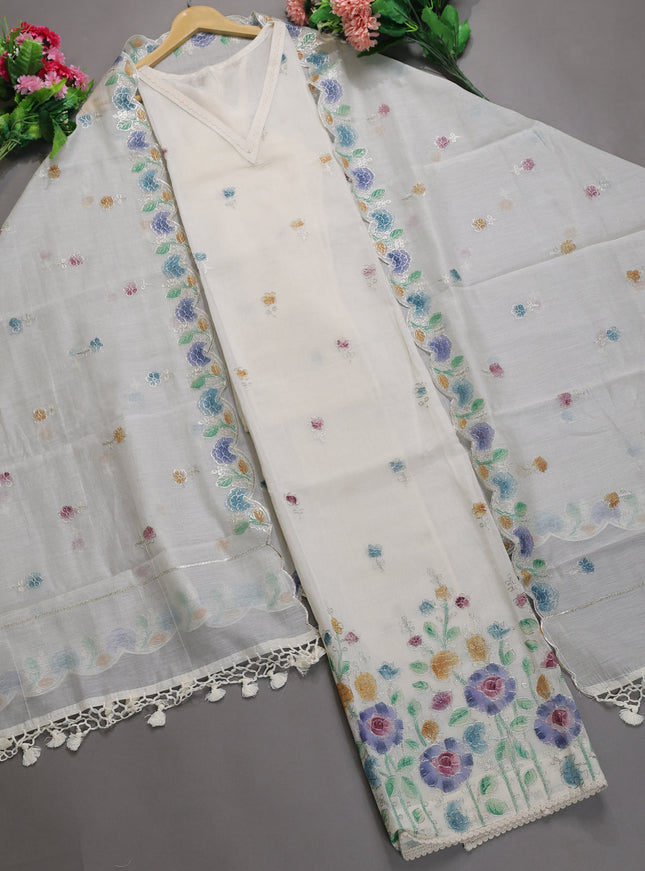Cream - Teal Mul Chanderi Semi Stitched Suit