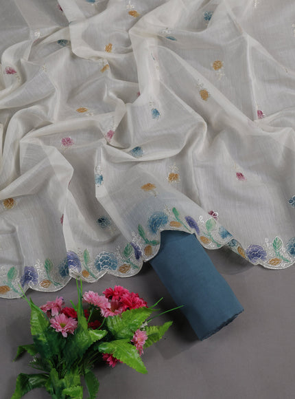 Cream - Teal Mul Chanderi Semi Stitched Suit