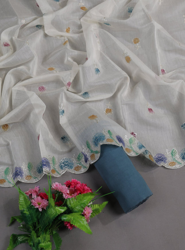 Cream - Teal Mul Chanderi Semi Stitched Suit
