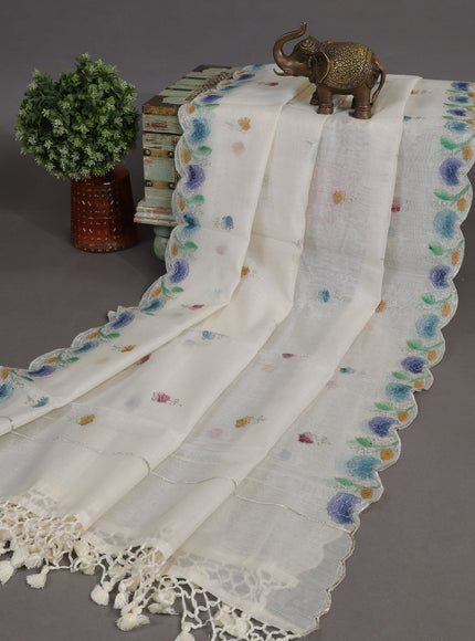 Cream - Teal Mul Chanderi Semi Stitched Suit