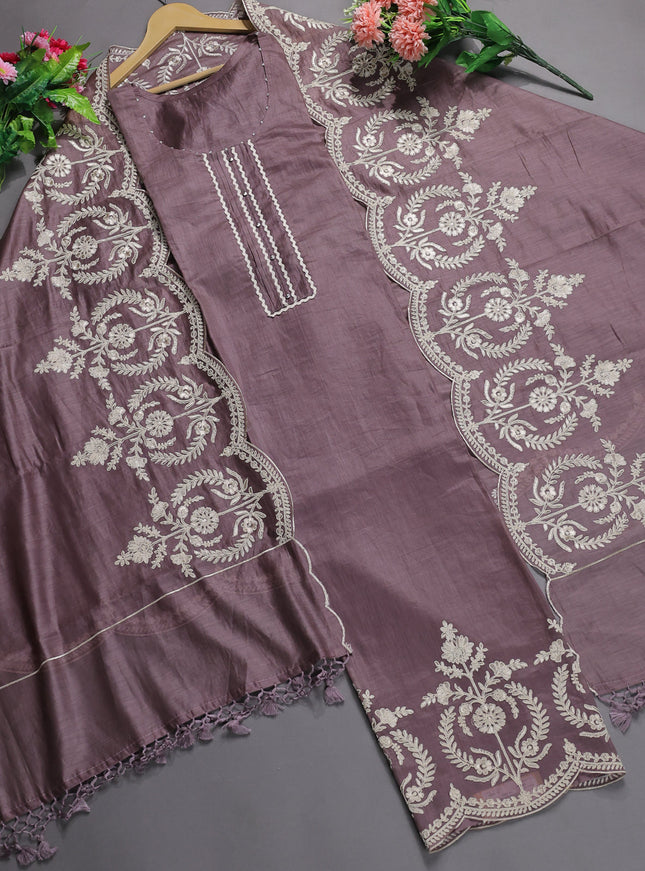Rosy Brown Mul Chanderi Stitched Suit