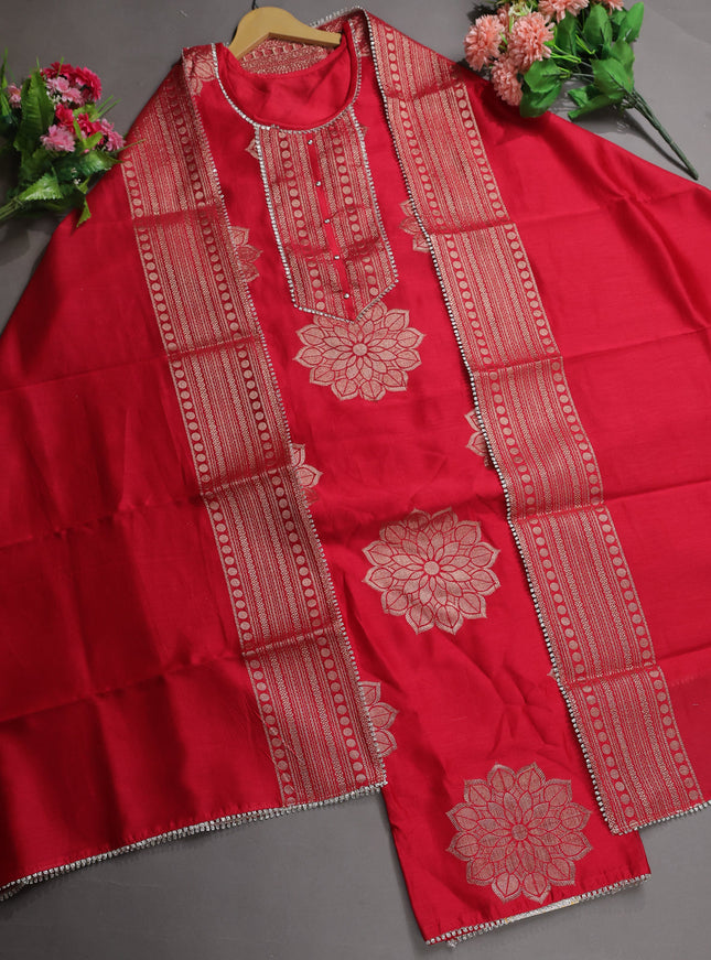 Red Mul Chanderi Stitched Suit