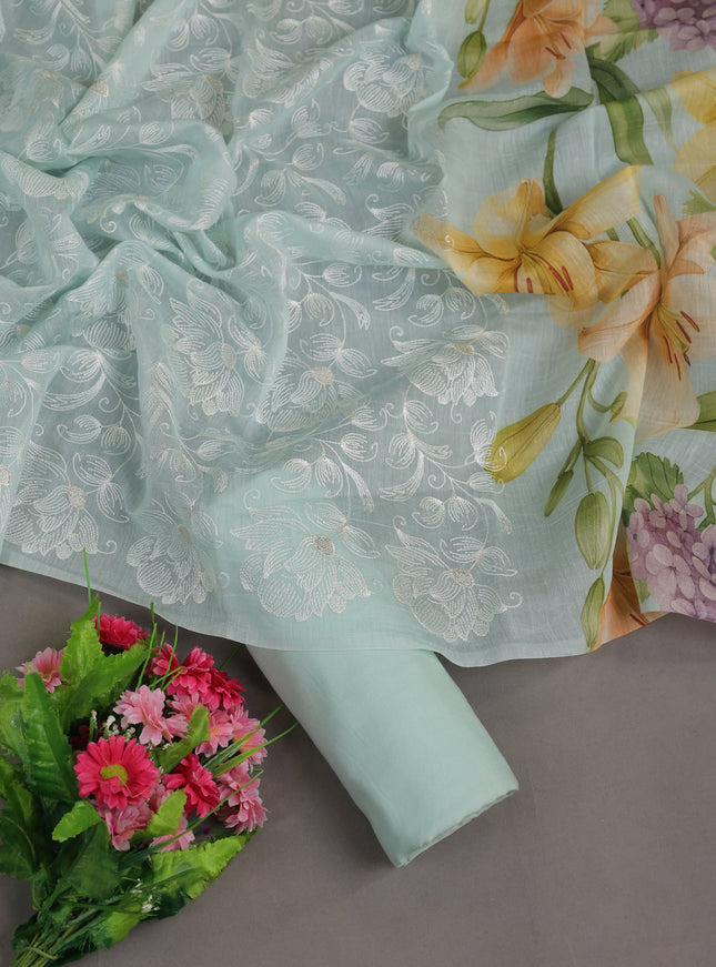 Teal Mul Chanderi Unstitched Suit