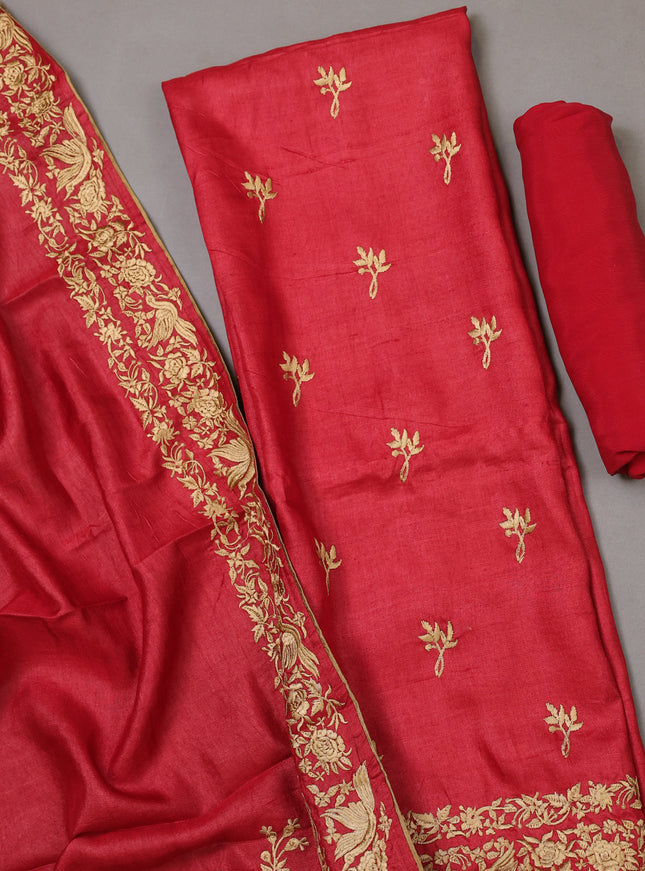 Red Tussar Silk Unstitched Suit