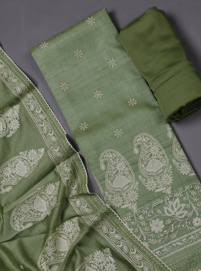 Pista Green Tussar Silk Unstitched Suit