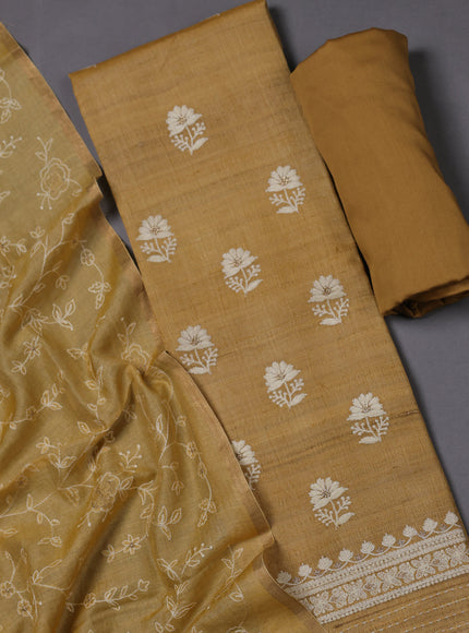 Mustard Yellow Tussar Silk Unstitched Suit