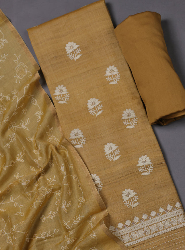 Mustard Yellow Tussar Silk Unstitched Suit