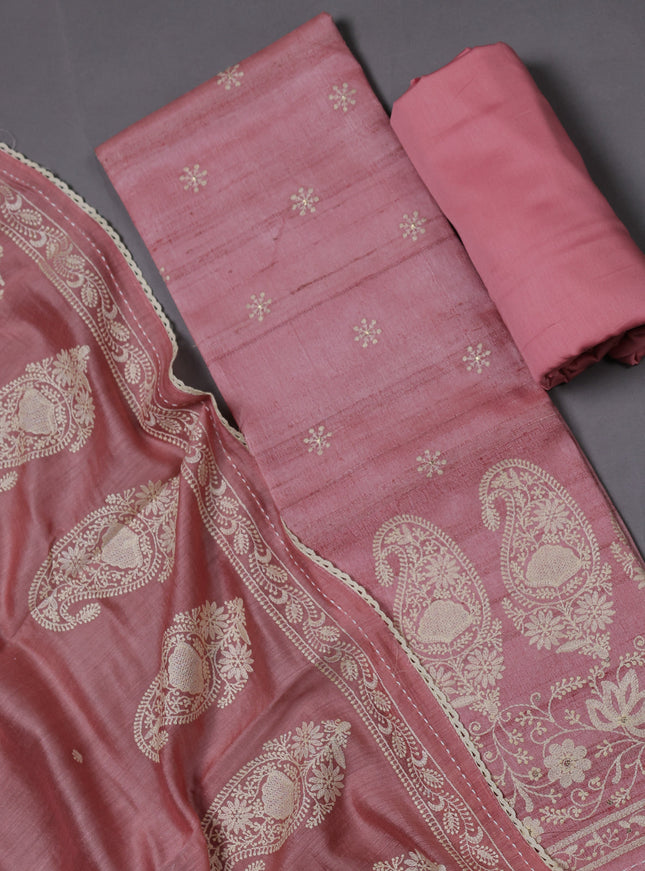 Peach Tussar Silk Unstitched Suit
